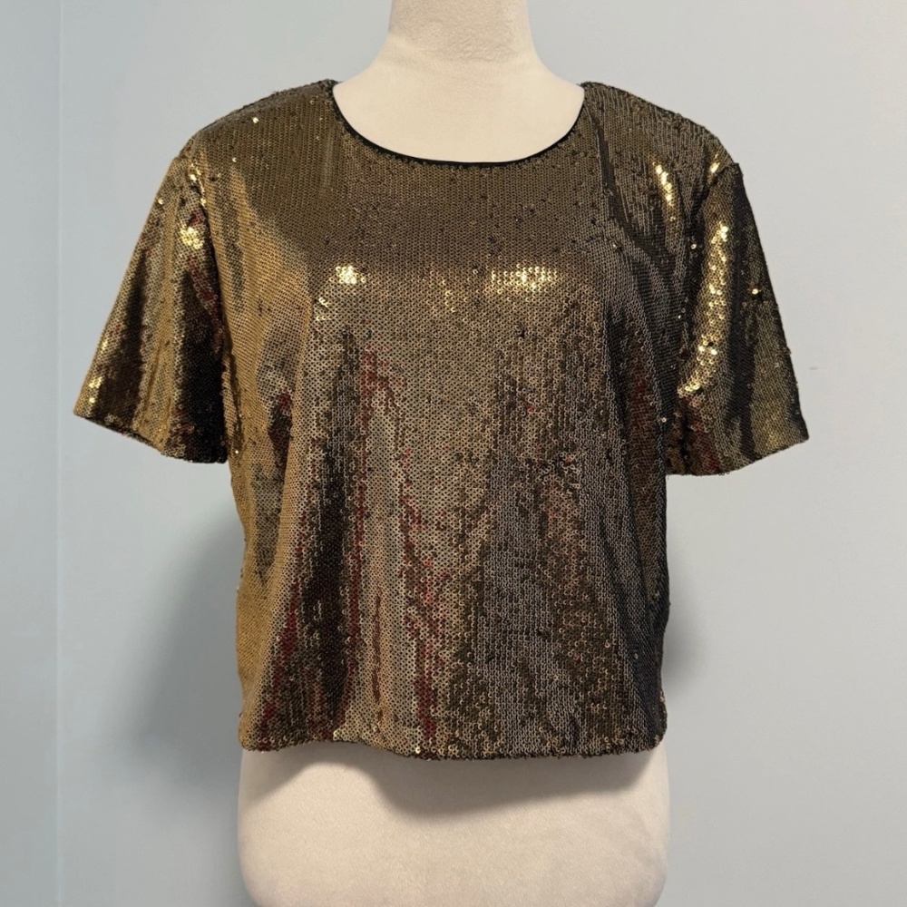 Michael Michael Kors Sequin Crew Neck Short Sleeve Fish Scale Crop Top Size XL